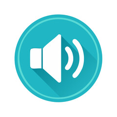 Poster - white speaker volume symbol on teal round button. media player audio flat design graphic sound waves