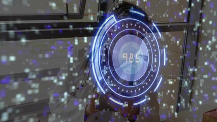 Poster - Male researcher lifting tablet and scanning real-time holographic diagnostic readouts in lab