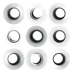 Poster - Set of Nine Circular Graphic Elements with Halftone Dots and Brush Strokes