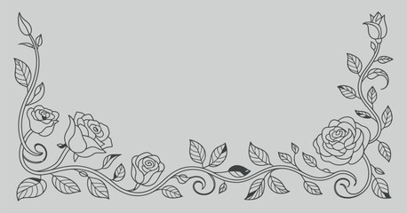 Poster - Elegant Black and White Rose Corner Design with Intricate Vines and Leaves