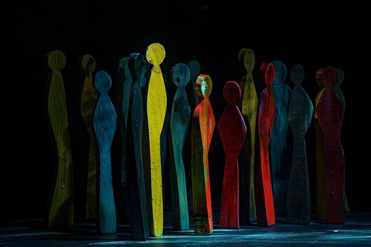 Diverse Group of Wooden Figures Standing Together in Dark Setting