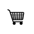 © Pemari - Black silhouette of shopping cart with grid basket and four wheels, representing commerce, retail logistics, and online consumerism