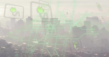 Poster - After sunrise haze causing energy icons fading in and connecting via network lines visualizing grid