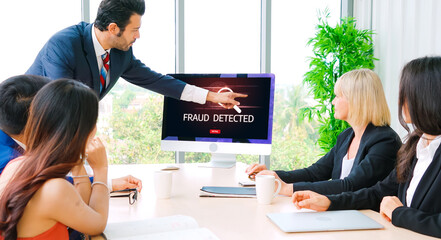 Poster - Cyber security software show alert of cyber attack for protection snugly. Danger from virus, phishing and cyber fraud.