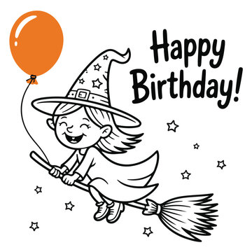 Happy Birthday Greeting with Cute Flying Witch and Stars – Black and White Cartoon Illustration