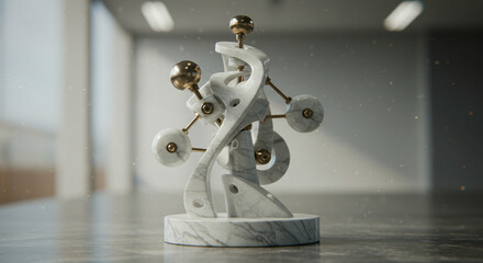 Poster - White marble art sculpture with gold accents set indoors atop a marble surface against a blurred modern backdrop