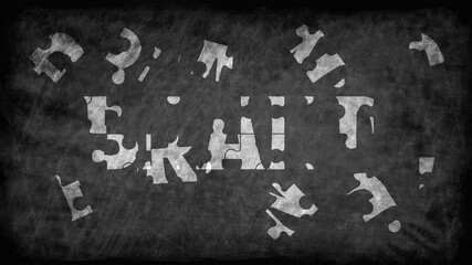 Wall Mural - brand. moving puzzle and text on a scratched chalkboard background. 4k video