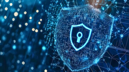 Poster - Cybersecurity shield digital protection concept. A glowing blue shield with a keyhole in the center, surrounded by data streams.  
