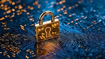 Poster - A golden padlock symbolizes cybersecurity, data protection, and online safety. The padlock is set against a detailed circuit board, representing digital security