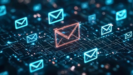 Poster - Digital mail, with floating envelopes and electronic circuit boards