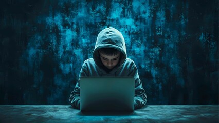 Poster - A person in hoodie focused on laptop. The image evokes the theme of cybercrime, hacking, and security risks. 