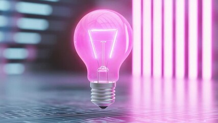 Poster - Illuminated idea bulb: A radiant pink light bulb glows brightly, positioned center stage against a backdrop of neon lights, symbolizing ingenuity and the sparking of new ideas. 