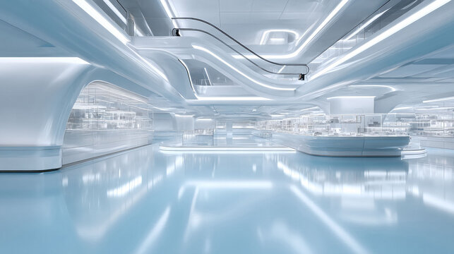 Futuristic minimalist interior with flowing shapes, glossy floors, and soft light. Conveys innovation, cleanliness, and a modern aesthetic. Ideal for tech, retail, or design themes.