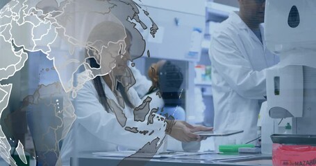 Poster - Digital globe sweeping in lab revealing researcher sorting samples and tapping tablet for analysis