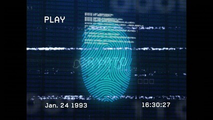 Poster - Interface initiating fingerprint scan with glitch bars, red code lines cascading on crypto auth UI