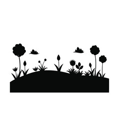 Wall Mural - A vector illustration of blooming spring and summer flowers with butterflies in a decorative floral garden landscape