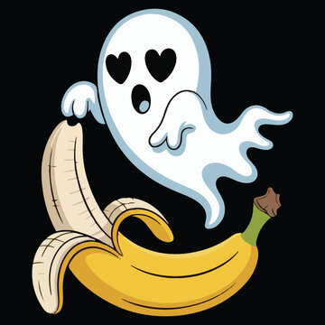 Cute Ghost with Heart Eyes Floating Over a Peeled Banana – Funny Cartoon Vector on Black Background