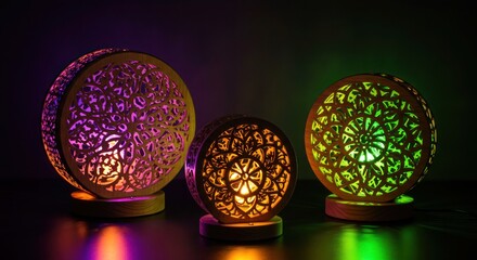Poster - Decorative Wooden Lamps with intricate patterns and colorful glowing lights