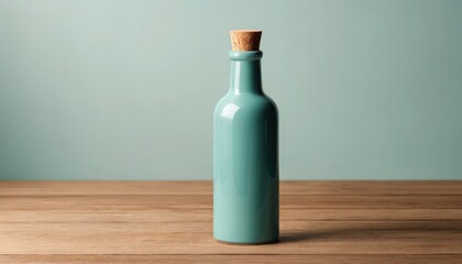 Poster - Elegant turquoise bottle with cork stopper on a wooden surface backdrop