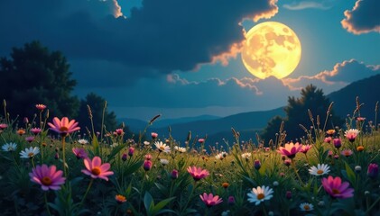 Wall Mural - serene moonlit meadow, wildflowers in bloom, soft glow , sky, bloom, pretty