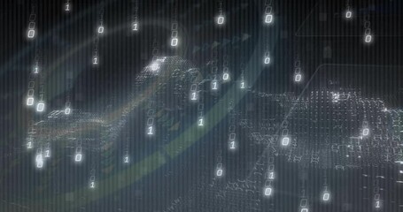 Poster - Arc sweeping binary digits drifting and data ring rotating as mesh forming 3D network terrain