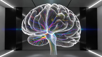 Poster - Digital illustration displays a human brain with vibrant neural pathways illuminating in a sleek, futuristic environment. Concept of neuroscience, cognitive health, technology