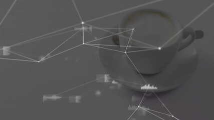 Poster - White lines emerging from left forming mesh over cup and saucer with nodes pulsing showing network