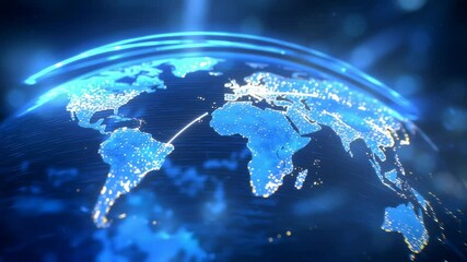 Poster - Global map displaying illuminated continents with light points indicating urban areas. Blue and dark background creating a tech-inspired look