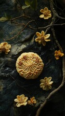 Poster - A single cookie with flowers arranged on a natural rock surface