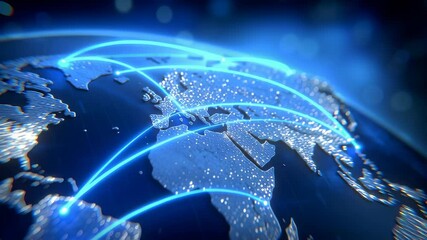 Poster - Glowing lines connect continents while depicting data flow across the globe. Digital landscape showcases interconnected world with a modern tech environment