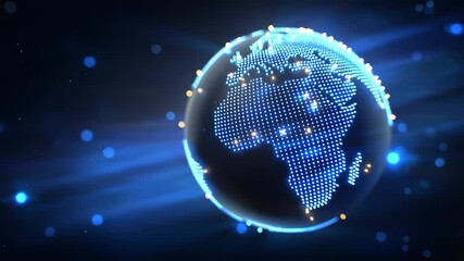 Poster - Digital globe composed of glowing dots represents interconnected world. Blue light beams create dynamic atmosphere. Concept of technology, global communication, data visualization