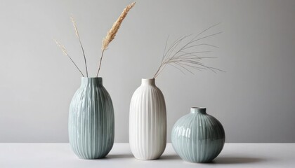 Poster - Elegant ceramic vases with dried plants creating a minimalist aesthetic scene