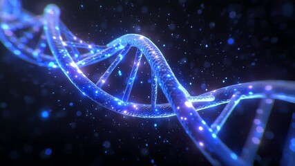 Poster - Glowing DNA helix illuminated by blue light showcases intricate structure and design. Dark background enhances visual impact. Concept of biotechnology, genetics, research
