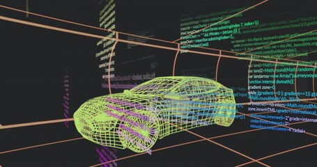 Poster - Neon yellow wireframe car emerging in tunnel, code scrolling wrapping model for code integration