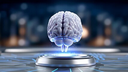 Poster - 3D rendered brain rotating on a sleek pedestal in a high-tech laboratory. Bright futuristic setting with glowing lights emphasizing innovation