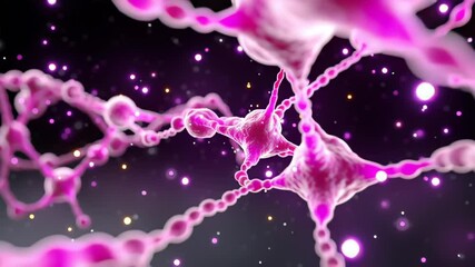 Poster - Colorful neuron with branching structure surrounded by glowing particles in a vibrant abstract space. Concept of neuroscience, research, mental health