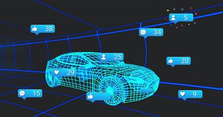 Poster - On bubble appearing, wireframe sedan generating floating icons increasing counts showing engagement