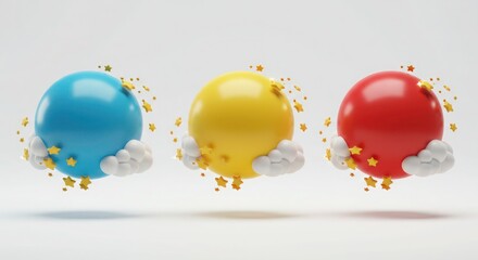 Poster - 3D render of colorful spheres with clouds and stars on a white background