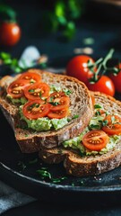 Poster - Freshly made avocado toast with juicy tomatoes on top