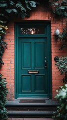Aufkleber - A green front door with a brass doorknob and hinges opens onto a brick building