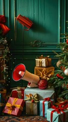 Aufkleber - A festive Christmas tree decorated with gifts and a loudspeaker or megaphone, perfect for holiday events