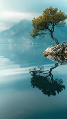 Poster - A single tree sits atop a rock in the center of a serene lake, perfect for nature or outdoor-themed projects
