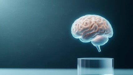 Aufkleber - Mind's Insight: A translucent model of a human brain, delicately hovering above a transparent platform, glows with intellectual potential against a serene backdrop.