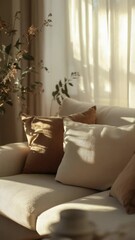 Poster - A simple yet elegant living room setting featuring a white couch, pillows, and a vase of flowers