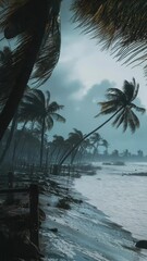 Poster - A beach scene with palm trees standing tall on a cloudy day