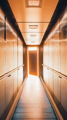 Poster - A long hallway with metal walls and a wooden floor, suitable for use in a modern building or facility