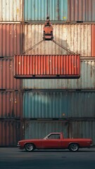 Poster - A red car parked in front of a shipping container, perfect for use as a background or prop in a variety of scenes