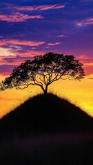 Poster - A single tree stands tall on a hill at sunset, with the sky ablaze in warm colors