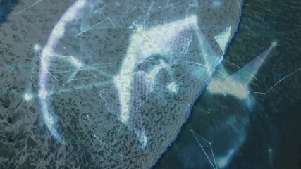 Poster - Churning waves sending mesh converging into digital globe pulsing above hand for data visualization