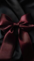 Poster - A close-up view of a bright red bow sitting on a dark black cloth
